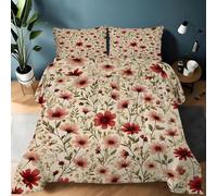 Red Chrysanthemums Queen Duvet 10.5 Tog, Retro Floral Style Microfiber Bedding Set, 1 Quilt 220x220cm and 2 Pillowcases 50x75cm, All Year Round Comforter for Cozy Nights B2098