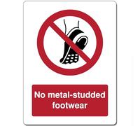 Red Circle Prohibited Act Metal Sign For Office Work Site School 15cm x 20cm - No metal-studded footwear