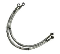 Red Circles Braided Pit Bike Oil Cooler Hose - 500mm with 8mm/10mm Banjo Bolt Fittings - Ideal for YX160, Z155 Engines with Bottom Oil Feed - Durable and Heat-Resistant Cooling Solution