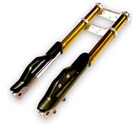 Red Circles Gold Upside Down Mini Dirt Bike Forks - Complete Setup, 540mm Length, 35mm Leg Diameter, 12mm Axle, Includes Top/Bottom Yoke & Covers, Fits 47cc & 49cc Mini Dirt Bikes, NOT for DR Bikes