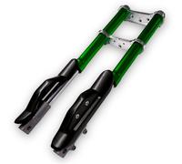 Red Circles Green Upside Down Mini Dirt Bike Forks - Complete Setup, 540mm Length, 35mm Leg Diameter, 12mm Axle, Includes Top/Bottom Yoke & Covers, Fits 47cc & 49cc Bikes, Not for DR Models.