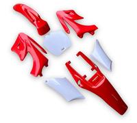 Red Circles Red Mini Apollo Dirt Bike Plastics Kit 7 Piece Set. Fits Mini Moto Apollo Style 2-Stroke Pullstart Bikes. Does Not Include Seat Pad. NOT Compatible with 110cc or 125cc 4-Stroke Pit Bikes.