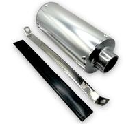 Red Circles Silver 28mm Pit Bike Exhaust Pipe Muffler - Fits 28mm Front Pipe, 38mm Outlet, Includes Strap & Rubber - Durable Performance Exhaust for Pit Bikes