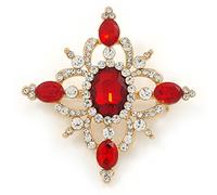 Red/Clear Austrian Crystal Diamond Shape Corsage Brooch In Gold Plating - 50mm L