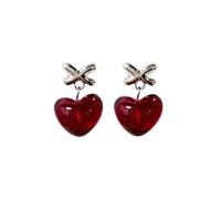 Red Clear Glass Puffy Heart Dangle Drop Earrings for Women Sweet Y2K Trendy Chunky Love Heart Dangle Silver Plated Cross Stud Earrings Valentine's Day Holiday Jewelry Accessories Gifts for Her, one