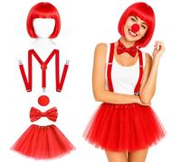 Red Clown Costume Accessory Set for Men and Women, 2 Variants with Hat/Wig, Bow Tie, Braces, Nose & Tutu Skirt for Carnival, Halloween & Circus Party Outfit (Version 2 with Red Wig & Tutu Skirt)