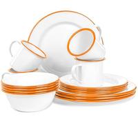 Red Co. 16-Piece Enamelware Metal Dinnerware Set for 4, Solid White/Orange Rim