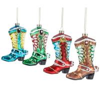 Red Co. 4.5” Small Decorative Glass Hanging Christmas Tree Ornaments - Set of 4 Assorted Cowboy Boots