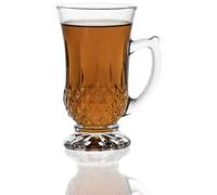 Red Co. 6-Pack Classic Clear Cut Glass 4.5 Oz Footed Turkish Tea Cups with Handles, Etched Design