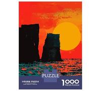Red Coastal Ocean Sunset Minimalist Abstract Art Illustration Jigsaw Puzzle 1000 Pieces, Romantic City Break Scene, Matte Printed Jigsaw for Travel Lovers, Screen-Free Fun, 38x26cm/100