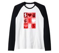 Red Color Peace Love Money Grid Red Graphic Raglan Baseball Tee