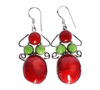 Red___Coral Gaspite Earrings 18x14mm 7mm 5mm Oval Round Cabochon 925 Sterling Silver Dangle Earrings Bold Red Green Gem Jewelry Artisan Handmade