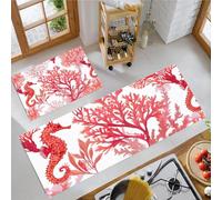Red Coral Seahorse Kitchen Rugs Sets Non Slip Washable Kitchen Mats Anti Fatigue Comfort Watercolor Style Floor Mats for Laundry, Hallways, Sink 40x60cm+40x120cm Red