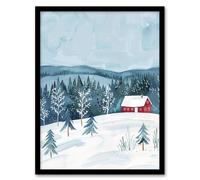 Red Cottage in Winter Forest Landscape Folk Art Framed Art Print Artery8 Blue W12 inch x H16 inch