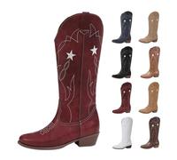 Red Cowboy Boots,Ladies Cowgirl Cow Boy Boots for Women Block Heel PU Leather Knee High Cowgirl Boot ,Comfortable and Fashion Pull on Western Pointed Toe Star Embroidered Booties Footwear UK 4.5