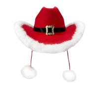 Red Cowboy Hat - Festive Headpiece with Pompoms, White Plush Trim, Santa Hat for Adults and Girls, Perfect for Holiday Outfits, Photo Props, Stage Performances, Parties and Fe