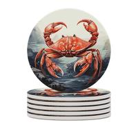 Red Crab Sea Drink Coasters with Holder for Coffee Table,Ceramic Coaster with Cork Base,Ceramic Stone Coaster for Iced Cold Or Hot Drinks,4.1 Inches
