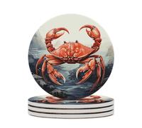 Red Crab Sea Drink Coasters with Holder for Coffee Table,Ceramic Coaster with Cork Base,Ceramic Stone Coaster for Iced Cold Or Hot Drinks,4.1 Inches