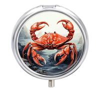 Red Crab Sea Pill Box - 3 Compartment Travel Pill Organizer with Small Mirror, Portable Pillcase for Pocket & Purse, Cute Round Medicine Case, Weekly Medicine Container