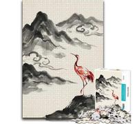 Red Crane in Asian Ink Landscape Jigsaw Puzzle for Adults, 1000 Piece