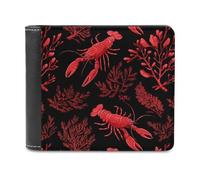 Red Crayfish and Coral Pattern Bi-fold Men's Wallets with 6 Card Slots Slim Travel Purse Leather Money Clip