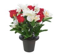 (Red & Cream) Artificial Rose Flower in Black Planter