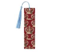 Red Crown Wooden Bookmarks 5 Pcs,Handmade Double-Sided Printed Book Marks Page Markers with Sky Blue Tassels Book Accessories Gift for Book Lovers Women Men