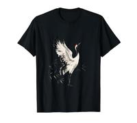 Red Crowned Crane and Bamboo Chinese Ink Wash Art Value Graphic T-Shirt, Men, Black, XL