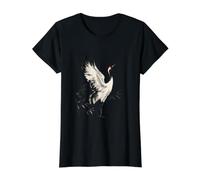 Red Crowned Crane and Bamboo Chinese Ink Wash Art Value Graphic T-Shirt, Women, Black, S