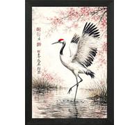 Red-crowned Crane and Cherry Blossoms Framed Wall Art Poster Print Picture (Unframed Print Only, A3)