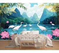 Red-Crowned Crane and Lotus Wallpaper Mural 130x80cm Mountains and Lakes Wallpaper 3D Silk Mural Office Bedroom Living Room Apartment Not Self-Adhesive