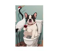 Red-crowned Crane French Bulldog Sitting on The Toilet Drinking Red Wine Canvas Poster Bedroom Decor Landscape Decor Gift 16x24inch(40x60cm)