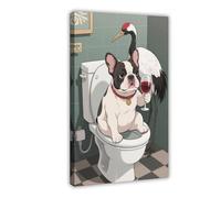 Red-crowned Crane French Bulldog Sitting on The Toilet Drinking Red Wine Canvas Poster Bedroom Decor Landscape Decor Gift 24x36inch(60x90cm)