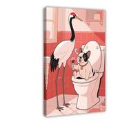 Red-crowned Crane French Bulldog Sitting on The Toilet Drinking Red Wine Canvas Poster Bedroom Decor Landscape Decor Gift 08x12inch(20x30cm)