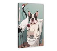 Red-crowned Crane French Bulldog Sitting on The Toilet Drinking Red Wine Canvas Poster Bedroom Decor Landscape Decor Gift 20x30inch(50x75cm)
