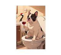 Red-crowned Crane French Bulldog Sitting on The Toilet Drinking Red Wine Canvas Poster Wall Art Print Picture Paintings 08x12inch(20x30cm)