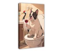 Red-crowned Crane French Bulldog Sitting on The Toilet Drinking Red Wine Canvas Poster Wall Art Print Picture Paintings 12x18inch(30x45cm)