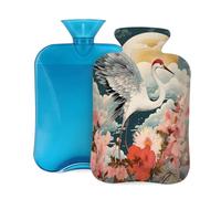 Red Crowned Crane Moon Flowers Hot Water Bottle with Cover, 2L PVC Hot Water Bag for Pain Relief, Hand Foot Warmer, Hot & Cold Therapy with Removable Cover, Gift for Women Kids Family