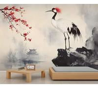 Red-Crowned Crane Mural, Ink Painting Wall Murals, Chinese Style Wallpaper for Renters Living Room Bedroom Corridor TV Background Decor - 150x100cm