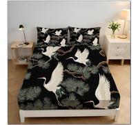 Red-Crowned Crane Pine Branch King Fitted Sheets, Japanese Style Comfort Bedding Fitted Sheet Soft Microfibre 30cm Deep Pocket Bed Sheet (150x200x30cm, Black)