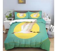 Red Crowned Crane Super King Duvet Cover Sets 3 Piece, Green Bedding, Soft and Breathable Microfiber Zipper Quilt Cover and 2 Pillowcases, Easy to Clean and Care, for Bedroom