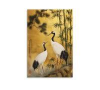 Red-Crowned Cranes Bamboo Pine Canvas Wall Art Poster, Gold Background Traditional Asian Art Print, Oriental Artwork Decor for Living Room Study 16x24inch