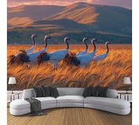 Red-Crowned Cranes In Wheat Fields Wallpaper Murals 400x280cm, Retro Rural Scenery Panoramic Wallpaper Mural, Golden Yellow Paper for Bedroom Living Room Decor Artwork Background Wall Stickers