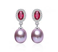 Red Crystal High Luster Natural Freshwater Pearl Drop Earrings For Women 925 Jewelry With