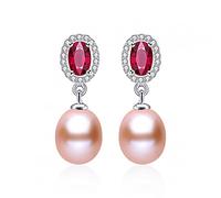 Red Crystal High Luster Natural Freshwater Pearl Drop Earrings For Women 925 Jewelry With