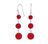 Red Crystal Pave Round Graduated Three Tier Disco Ball Linear Dangle Chandelier Earrings for Women Teen.925 Sterling Silver