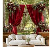 Red Curtain Floral Decor Self Adhesive Wallpaper Nature Forest Wedding Photo Wallpaper 350x256 cm Jungle Scenery Wall Mural for Bedroom Living Room Removable Poster Qe137D