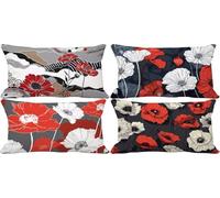 Red Cushion Covers 30 x 50 Flower Outdoor Cushions Waterproof Linen Set of 4 Rectangle Decorative Pillows with Smooth Invisible Zip for Livingroom Summer Outdoor Patio Garden Bench Decor Gifts 2h-28