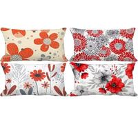 Red Cushion Covers 40 x 80 Flower Outdoor Cushions Waterproof Linen Set of 4 Rectangle Decorative Pillows with Smooth Invisible Zip for Livingroom Summer Outdoor Patio Garden Bench Decor Gifts 1j-19X