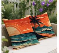Red Cushion Covers 60 x 60 Set of 2, Ocean Waves Pattern Square Linen Outdoor Cushions, Double Sided Printing Sofa Cushions, with Invisible Zipper Decorative Pillows for Sofa Balcony Living Room w-277